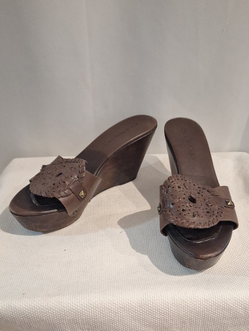 Jack Rogers Brown Leather Cutout Wooden Heel Wedge Slides